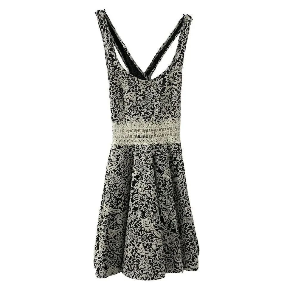 Black White Lace Waist Fit Flare Cross Back Dress